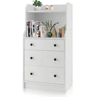 3-drawer Dresser 44'' Tall Wood Storage Organizer Chest W/ 2 Open Shelves White