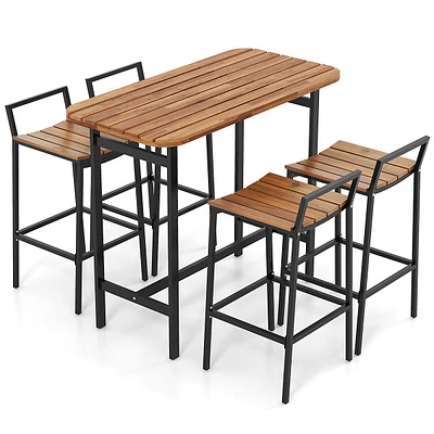 5 Pcs Acacia Wood Bar Table Set Outdoor Bar Height Table & Chairs With Metal Frame