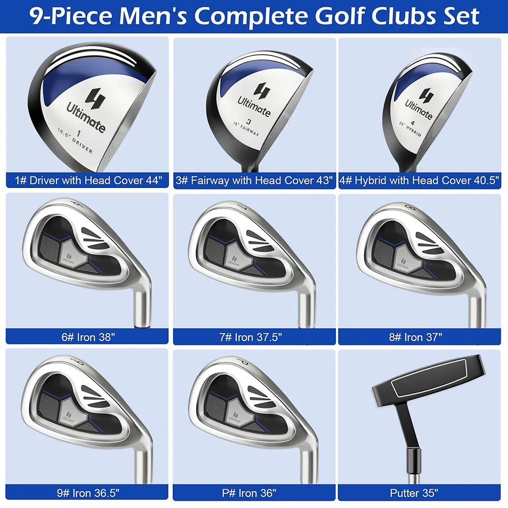 9 Pcs Men's Complete Golf Club Set Right Handed With 460cc Alloy Driver  Irons