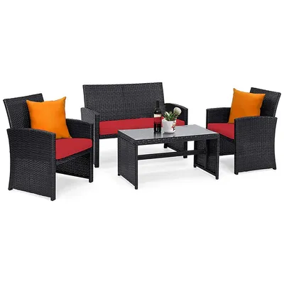 4pcs Patio Rattan Furniture Conversation Set Cushion Sofa Table Garden
