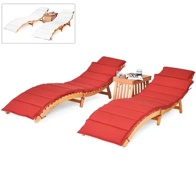 3pcs Wooden Folding Lounge Chair Set Cushion Pad Pool Deck