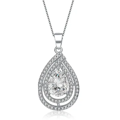 Sterling Silver White Gold Plating With Clear Cubic Zirconia Pear Shape Pendant Necklace