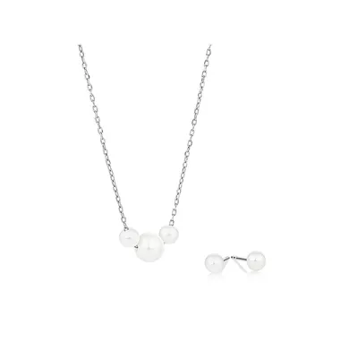 Cultured Freshwater Pearl Stud Earring And Necklace Set In Sterling Silver