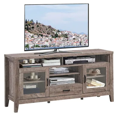 Tv Stand Tall Entertainment Center Hold Up To 65'' Tv W/ Glass Storage & Drawer
