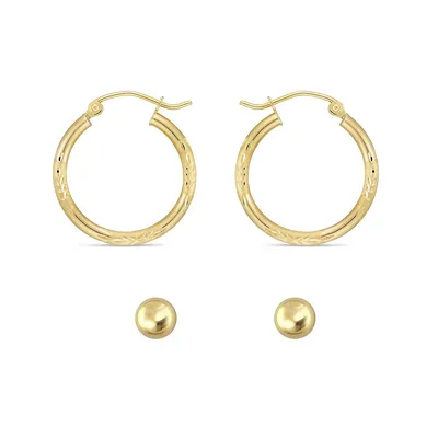 10kt Yellow Gold Ball & Diamond Cut Hoop Set Earrings