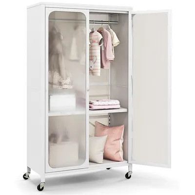 Storage Wardrobe Cabinet Mobile Armoire Closet With Hanging Rod & Adjustable Shelf