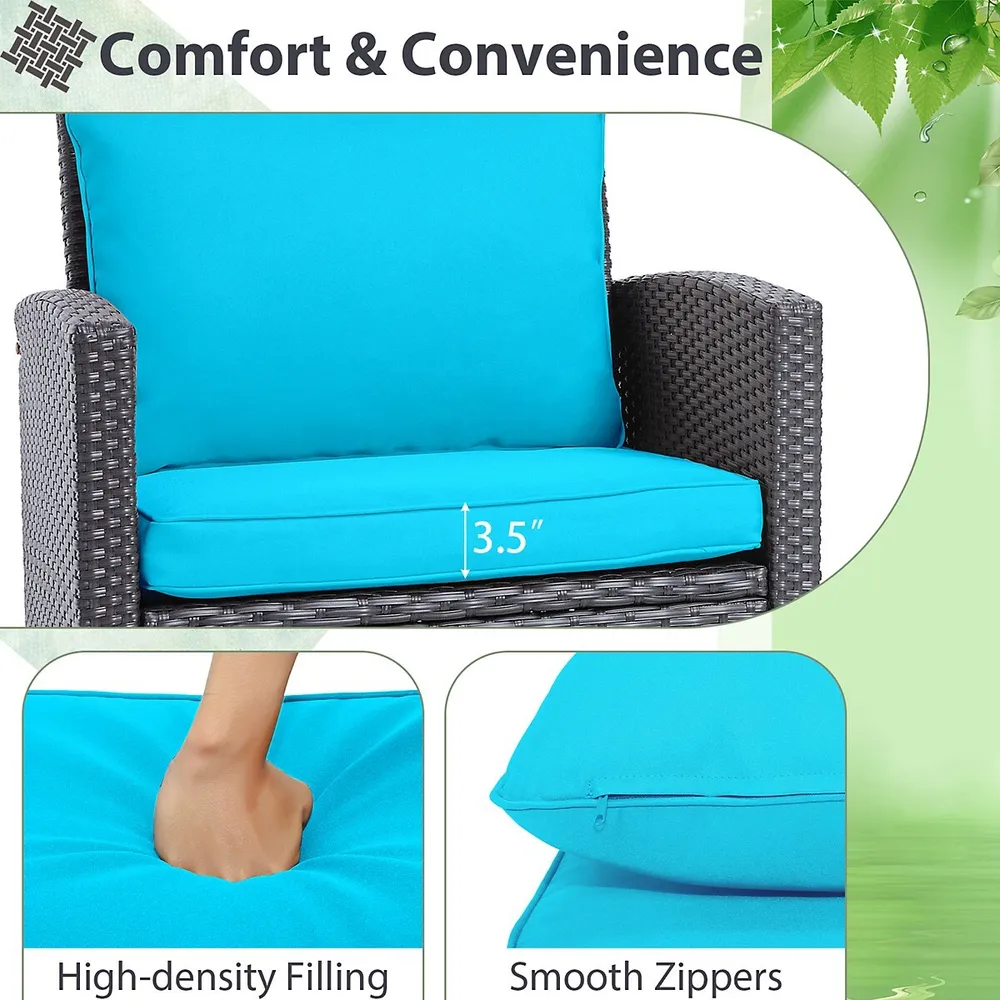 3pcs Patio Wicker Furniture Set With Beige &turquoise Cushion Covers Balcony