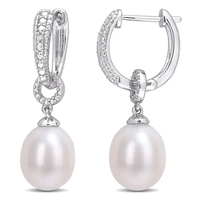 Freshwater Cultured Pearl And Diamond Accent Drop Hoop Earrings In Sterling Silver