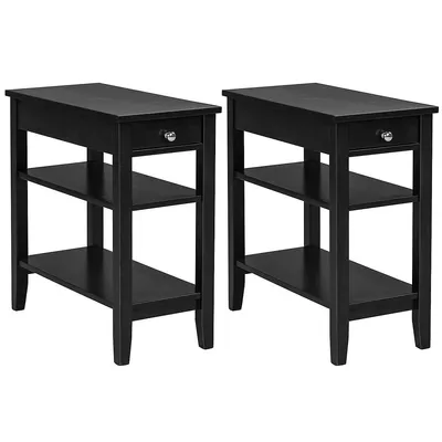 2pcs 3-tier End Table Sofa Side Table Nightstand W/ Shelf & Drawer Black