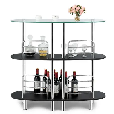 Bar Table Wine Storage Home Liquor Pub Table W/tempered Glass Top & 2 Shelves