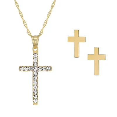 10kt 18" Cross With Cz Necklace And Cross Stud Set