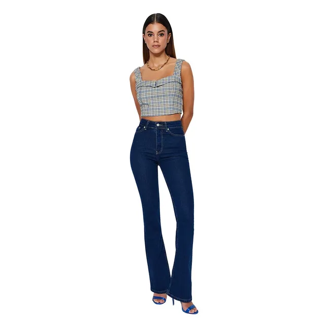 Standards & Practices Women's Plus Stretch High Waist Slit Hem Flared Jeans  Whisker Wash