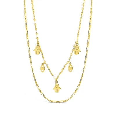 Evil Eye, Hamsa, & Figaro Chain Layered Necklace-gold