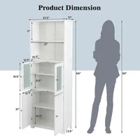 Bathroom Tall Storage Cabinet Linen Tower W/ Glass Door & Adjustable Shelf White