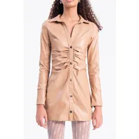 Drapped Faux Leather Shirt Dress