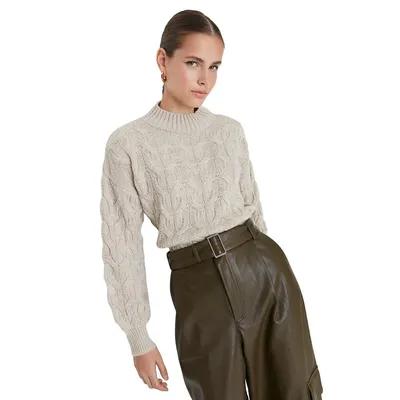 Women Regular Fit Basic Standing Collar Denim Sweater