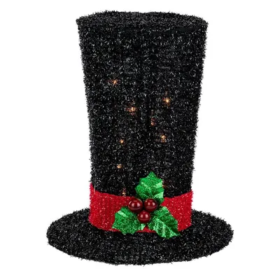 9.25" Lighted Black Tinsel Top Hat Christmas Tree Topper, Clear Lights