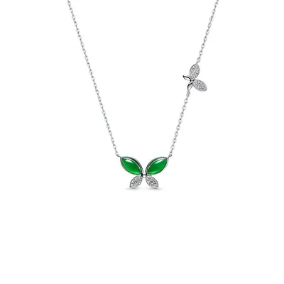 Natural Jadeite Jade Butterfly With 18k Gold Plated Sterling Silver 925 Necklace