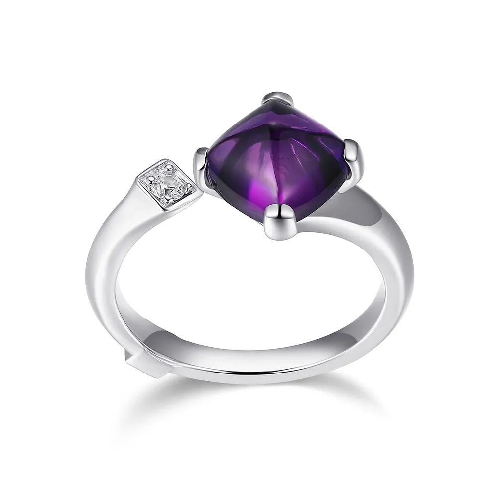 Rhodium-plated Sterling Silver Synthetic Amethyst & Cubic Zirconia Ring