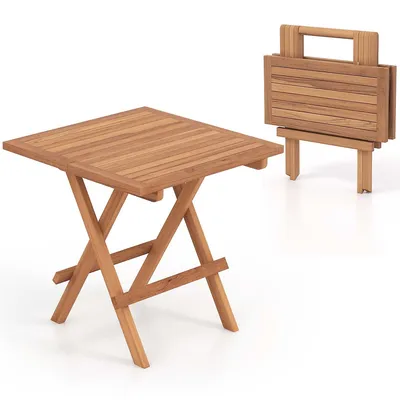 Patio Folding Side Table Teak Wood Square Slatted Tabletop Portable Picnic