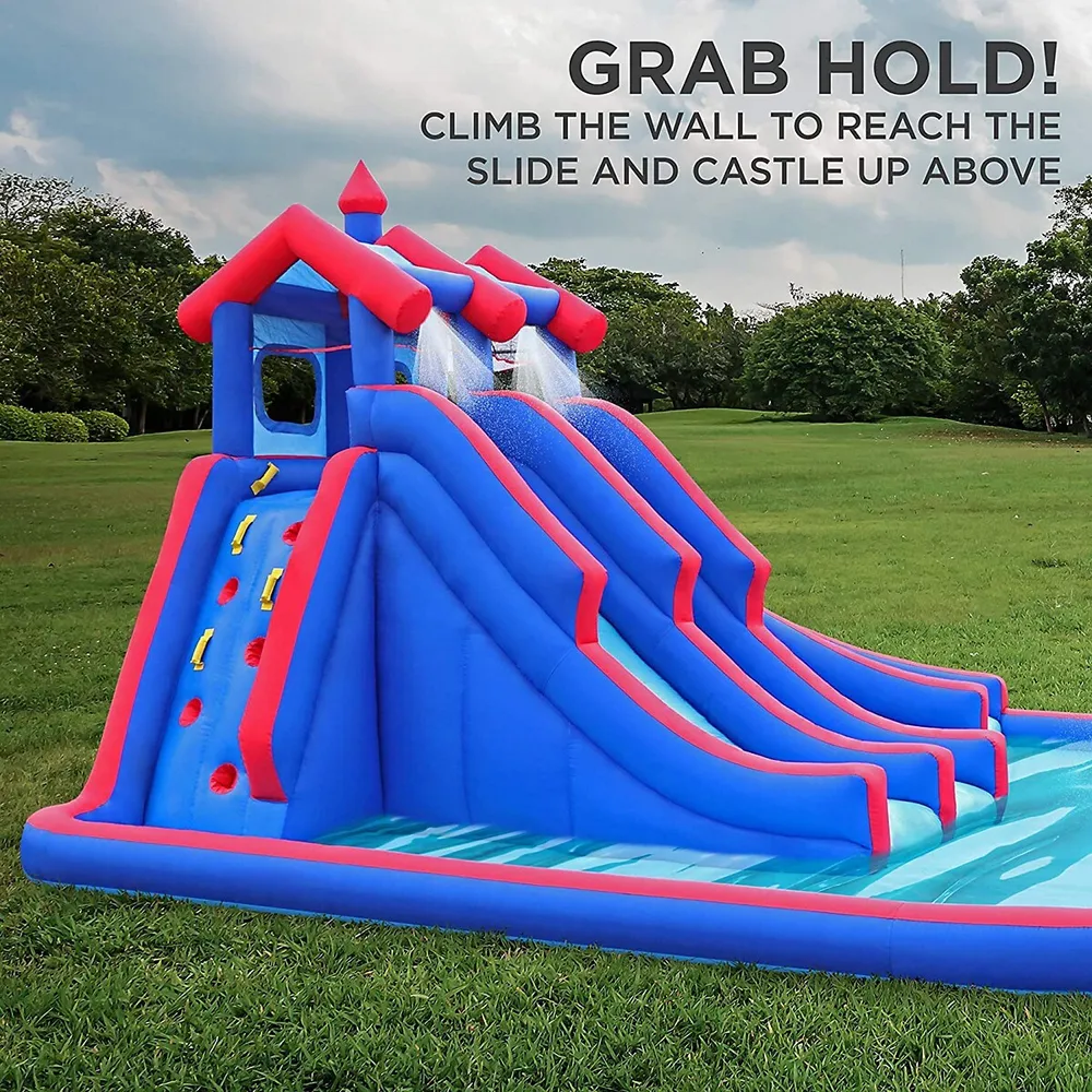 Mega Sport Inflatable Water Triple Slide Park – Climbing Wall, 3 Slides & Splash Pool