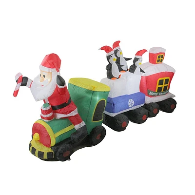 6.5' Red And Green Inflatable Santa And Penguins On Train Lighted Outdoor Christmas Decoration