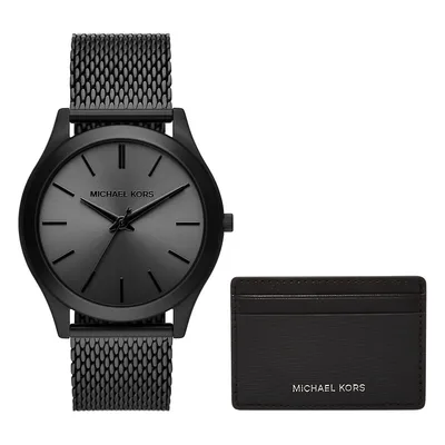 Men's Runway Three-hand, Black Stainless Steel Watch And Wallet Gift Set