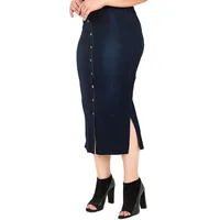 Plus Modern Women Snap Button Frayed Hem Pencil Skirt