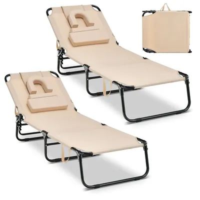 2 Pcs Beach Chaise Lounge Chair With Face Hole Pillows & Adjustable Backrest