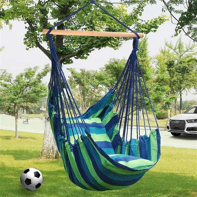 Hammock Chair Rope Blue Hanging Swing Bed with 2 Pillows, 265Lbs Capacity