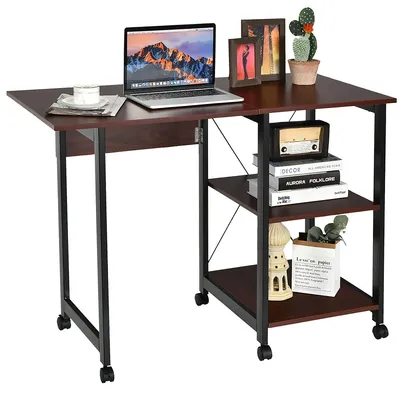 Rolling Computer Desk Folding Writing Office Desk W/ Storage Shelves