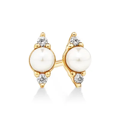 Three Stone Cultured Freshwater Pearl And Diamond Stud Earrings In 10kt Yellow Gold