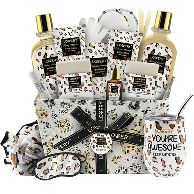Home Spa Kit In Honey Almond Scent - Leopard Luxury Gift Basket - 21 Pcs