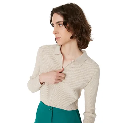 Women Design Slim Fit Basic Polo Neck Knitwear Cardigan