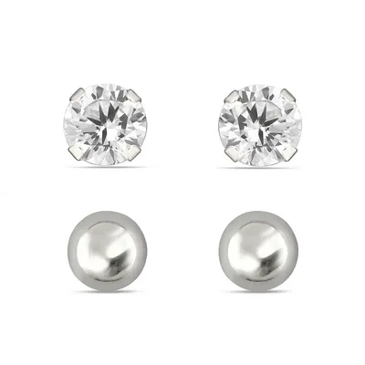 10kt White Gold Ball And Cz Stud Set