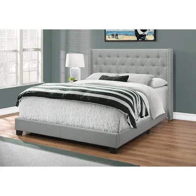 Bed, Queen Size, Platform, Bedroom, Frame, Upholstered, Linen Look, Wood Legs, Chrome, Transitional