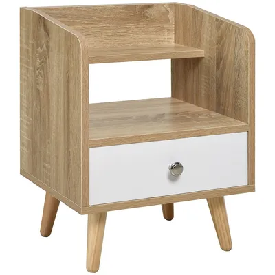 Nightstand, Bedside Table With 2-tier Shelf And Drawer