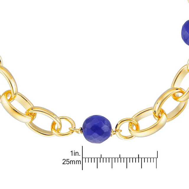 BRONZORO 18kt Gold Plated Oval Rolo With Blue Agate Beads Bracelet