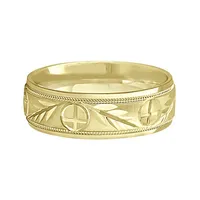 Men's Christian Leaf And Cross Wedding Band 14k Yellow Gold (7mm)