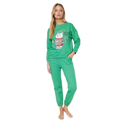 Women Motto Medium Knitted Sweatshirt-trousers Pajama Set