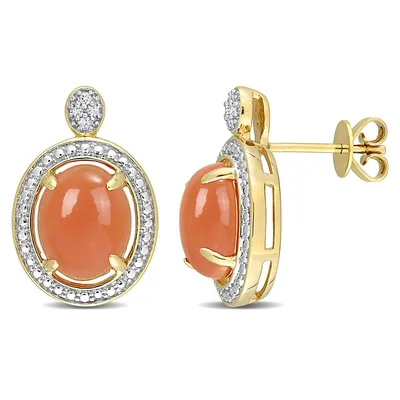 5 1/5 Ct Tgw Oval Orange Moonstone And Diamond Accent Halo Stud Earrings In 14k Yellow Gold