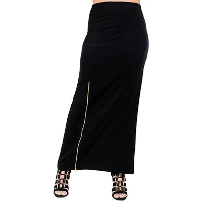 Curvy Women's Black Stretch Maxi Skirt With Zip Up Split