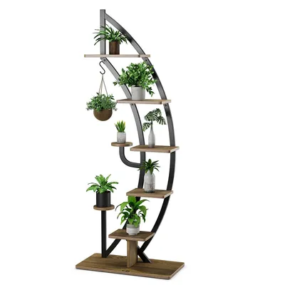 6 Tier 9 Potted Metal Plant Stand Rack Curved Stand Holder Display Shelf W/ Hook