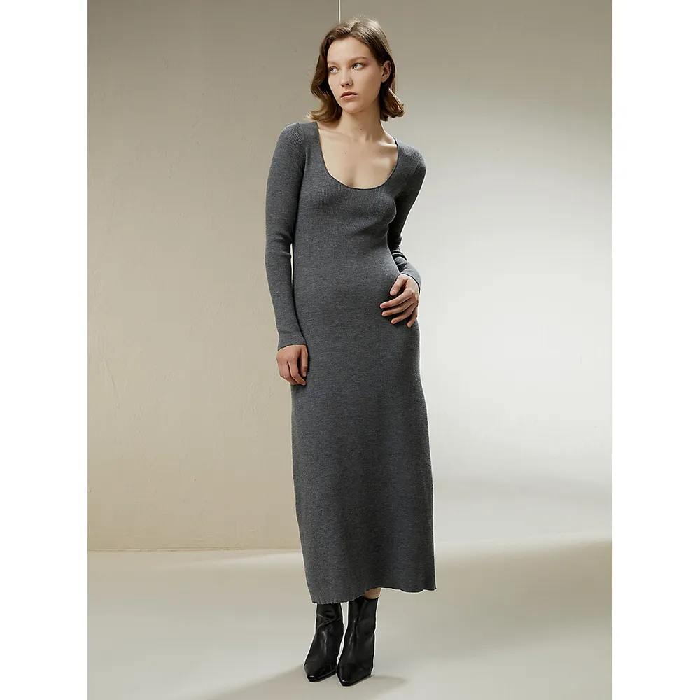 Ribbed Bodycon Wool Sweater Dress For Women