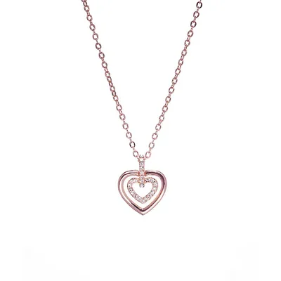 Rose Goldtone Clear Luxury Crystal Double Heart Pendant Necklace