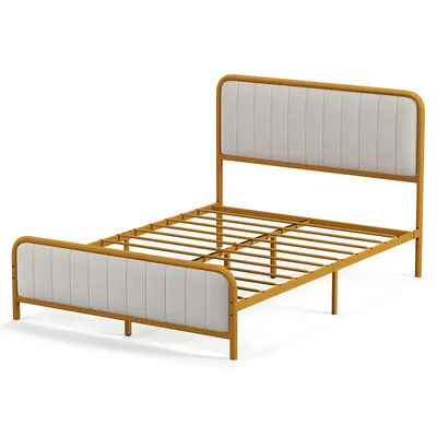 Full Gold Metal Bed Frame Upholstered Platform With Velvet Headboard