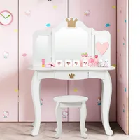 Makeup Dressing Table Chair Set Princess Vanity & Tri-folding Mirror White