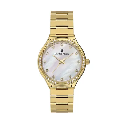 33mm Womens Watch, Stainless Steel Strap, Round, Analog, Quartz, Crystal Markers And Bezel, Mother Of Pearl Or Green Dial