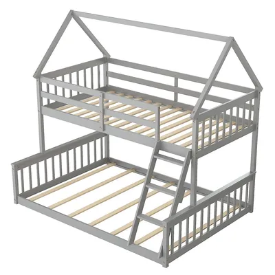 Twin Over Full House Bunk Bed With Ladder & Guardrails Convertible To 2 Beds