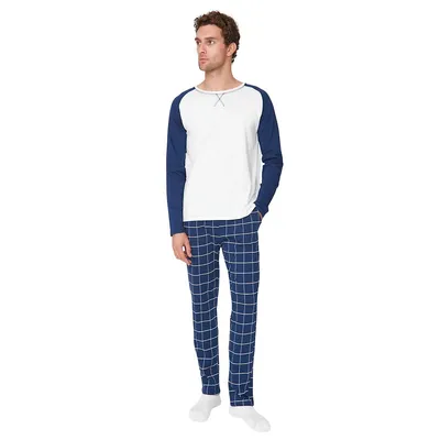 Plaid / Check Medium Knitted T-shirt-trousers Pajama Set
